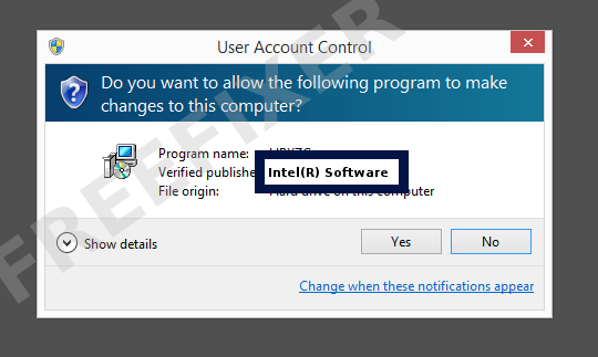 Screenshot where Intel(R) Software appears as the verified publisher in the UAC dialog